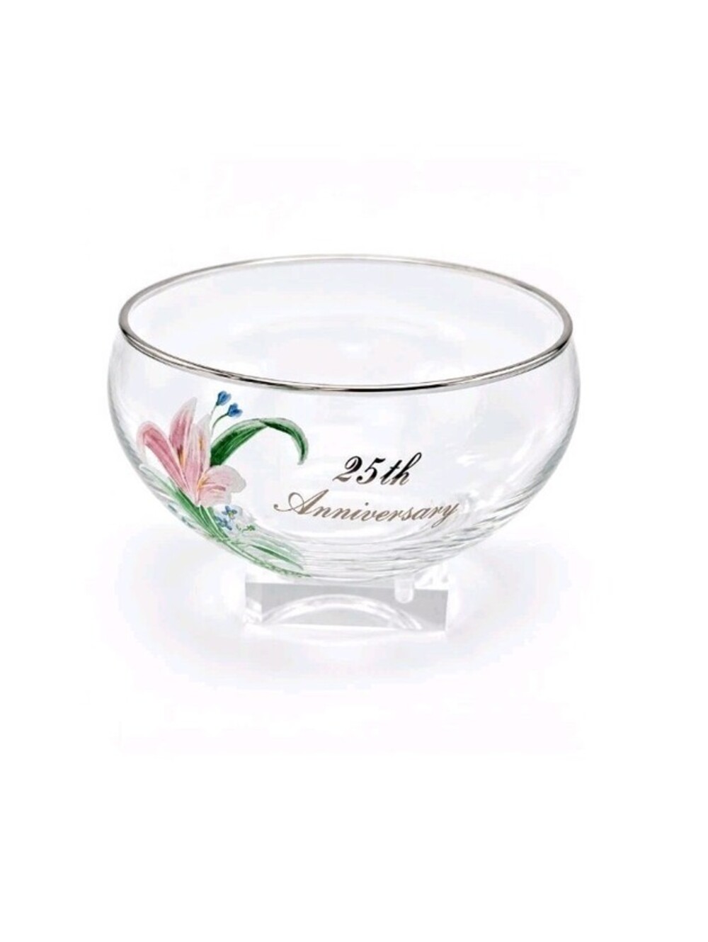 Vintage 25th Anniversary Clear Glass Bowl Pink Lily Floral Silver Rim